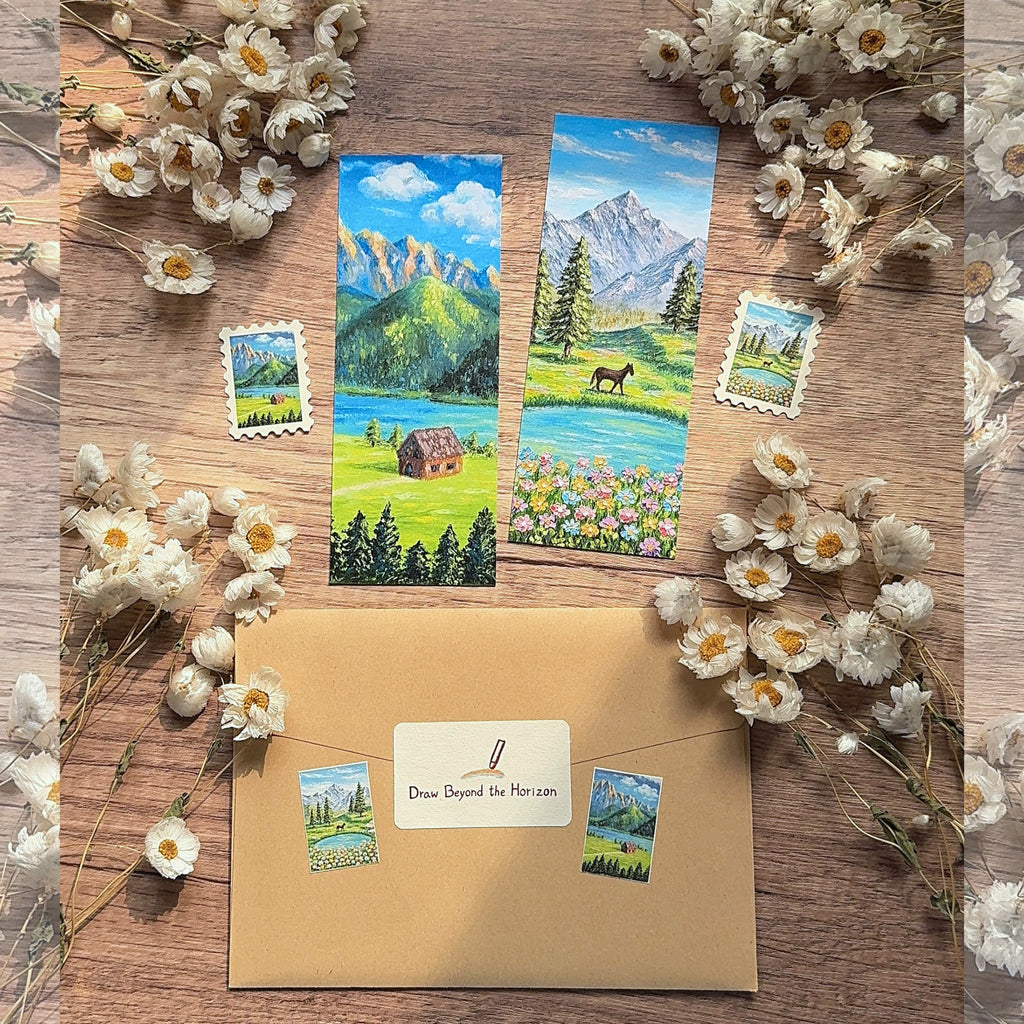 Horizon Bookmark Mail – 2 Oil Pastel Bookmarks & 2 Stickers